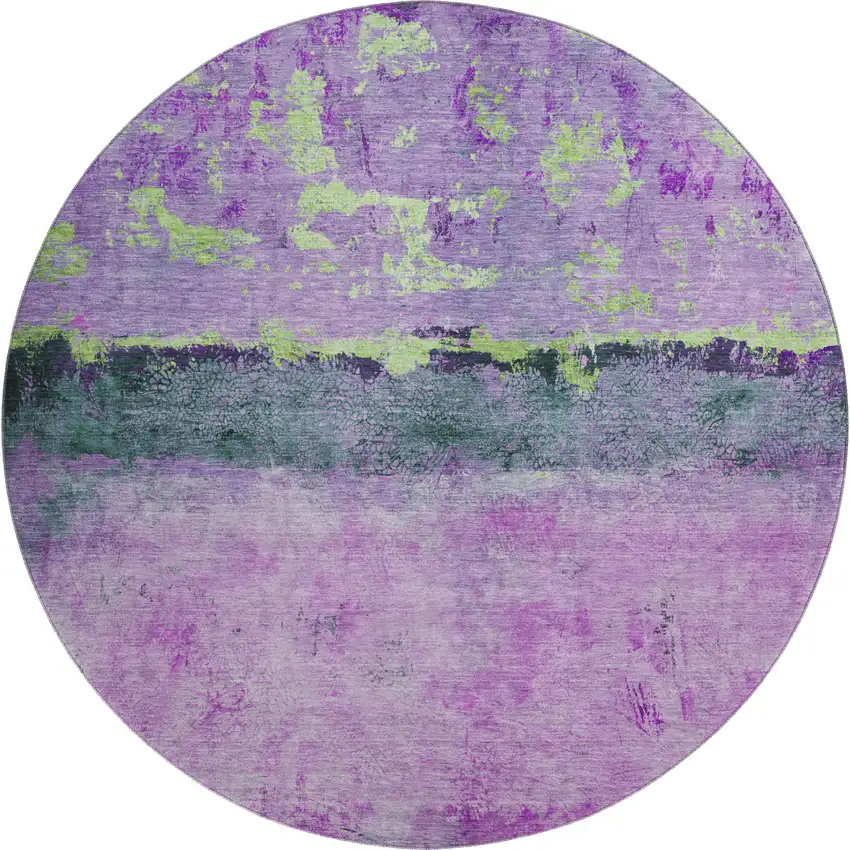 8' Purple Lime Green And Teal Abstract Washable Round Rug With UV Protection Photo 1