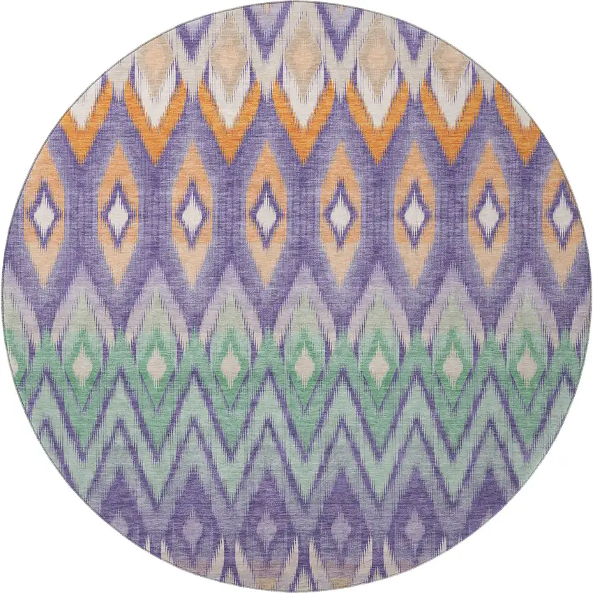 8' Purple Mint Green And Beige Southwestern Washable Round Rug With UV Protection Photo 4