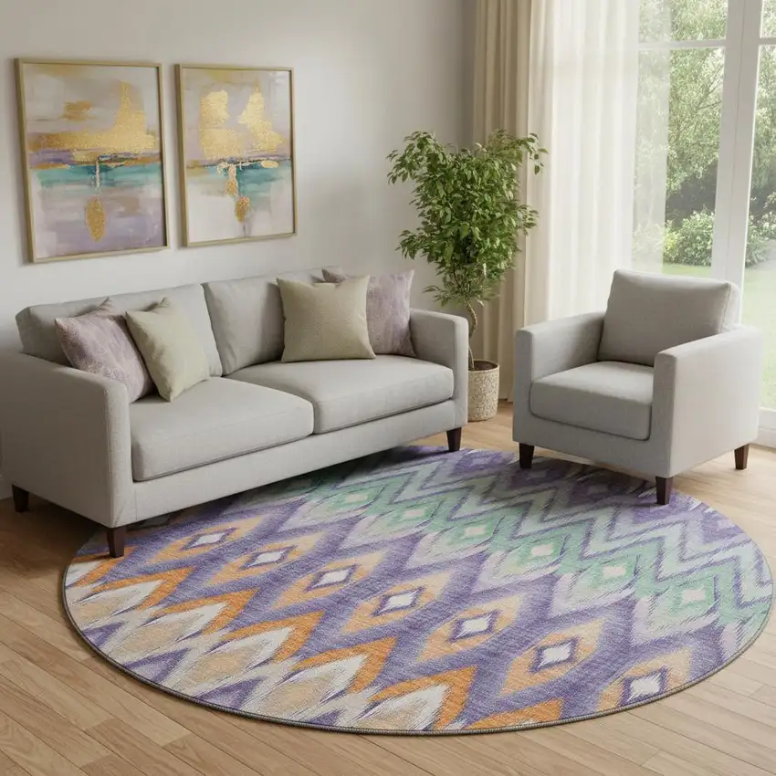 8' Purple Mint Green And Beige Southwestern Washable Round Rug With UV Protection Photo 1