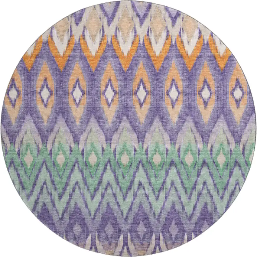 8' Purple Mint Green And Beige Southwestern Washable Round Rug With UV Protection Photo 1
