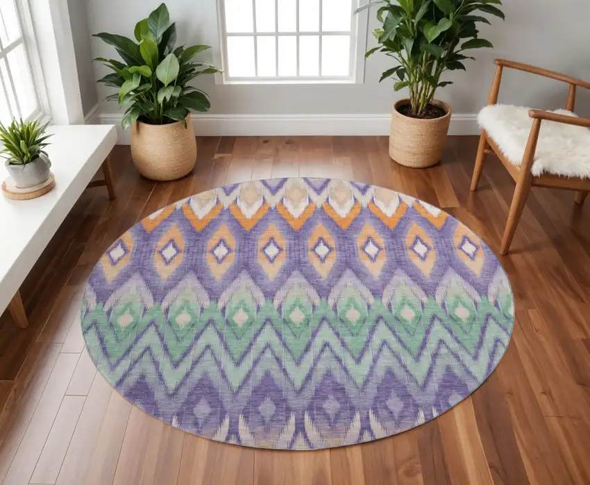 8' Purple Mint Green And Beige Southwestern Washable Round Rug With UV Protection Photo 2
