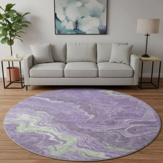 8' Purple Mint Green And Ivory Abstract Washable Round Rug With UV Protection Photo 2