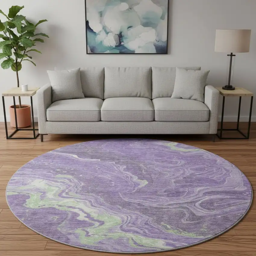 8' Purple Mint Green And Ivory Abstract Washable Round Rug With UV Protection Photo 2