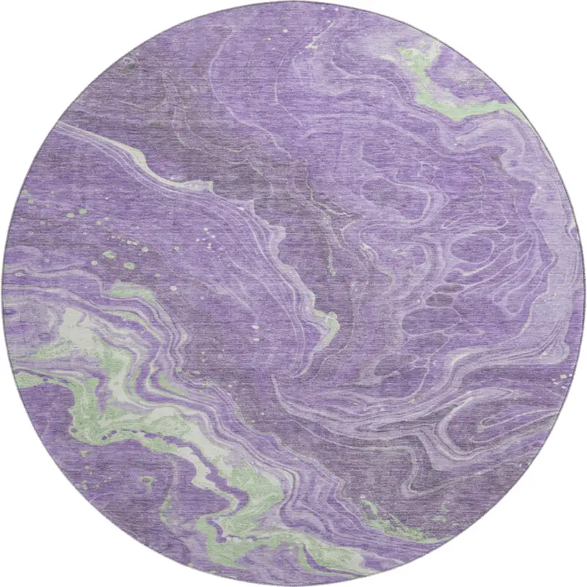 8' Purple Mint Green And Ivory Abstract Washable Round Rug With UV Protection Photo 1