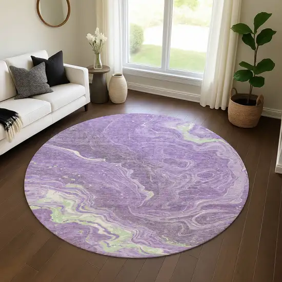 8' Purple Mint Green And Ivory Abstract Washable Round Rug With UV Protection Photo 4
