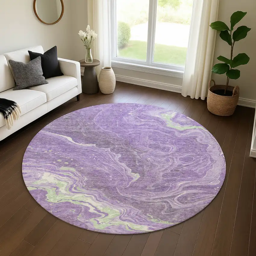 8' Purple Mint Green And Ivory Abstract Washable Round Rug With UV Protection Photo 4