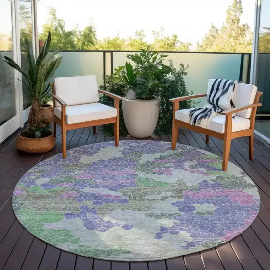 8' Purple Olive Green And Gray Round Geometric Washable Indoor Outdoor Area Rug Photo 5