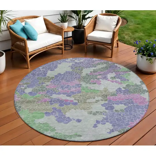 8' Purple Olive Green And Gray Round Geometric Washable Indoor Outdoor Area Rug Photo 2