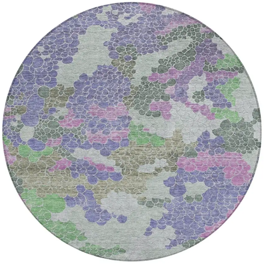 8' Purple Olive Green And Gray Round Geometric Washable Indoor Outdoor Area Rug Photo 3