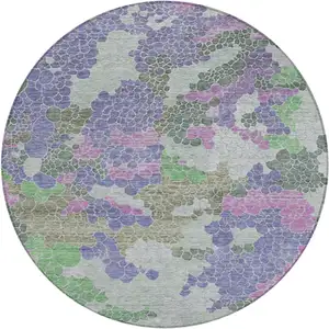 Photo of 8' Purple Olive Green And Gray Round Geometric Washable Indoor Outdoor Area Rug