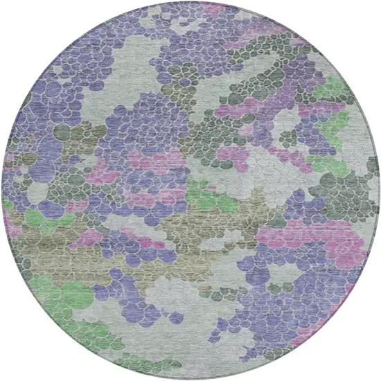 8' Purple Olive Green And Gray Round Geometric Washable Indoor Outdoor Area Rug Photo 1