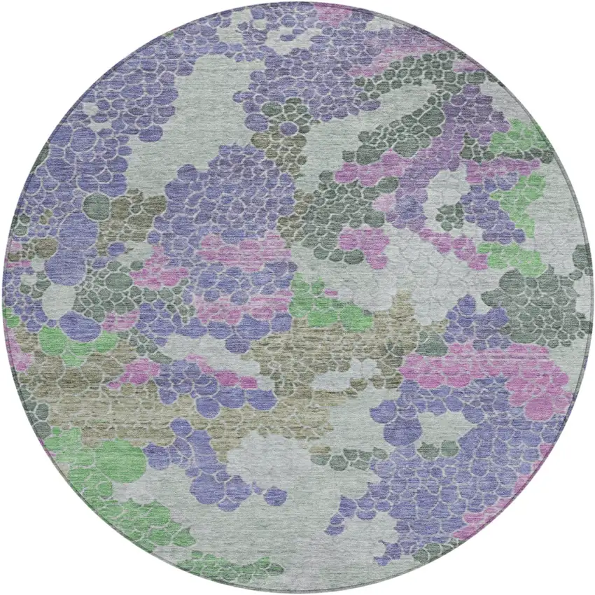 8' Purple Olive Green And Gray Round Geometric Washable Indoor Outdoor Area Rug Photo 1