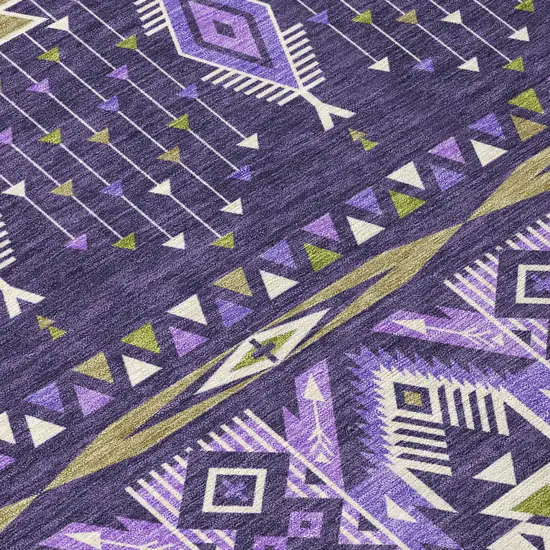 8' Purple Olive Green And Ivory Round Aztec Washable Indoor Outdoor Area Rug Photo 9