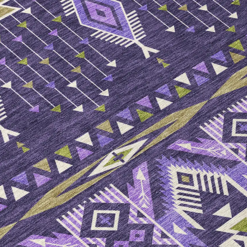 8' Purple Olive Green And Ivory Round Aztec Washable Indoor Outdoor Area Rug Photo 9