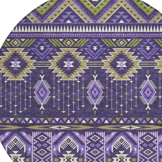 8' Purple Olive Green And Ivory Round Aztec Washable Indoor Outdoor Area Rug Photo 4