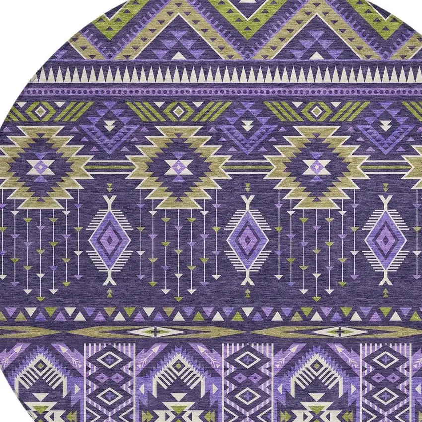8' Purple Olive Green And Ivory Round Aztec Washable Indoor Outdoor Area Rug Photo 4