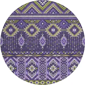 Photo of 8' Purple Olive Green And Ivory Round Aztec Washable Indoor Outdoor Area Rug