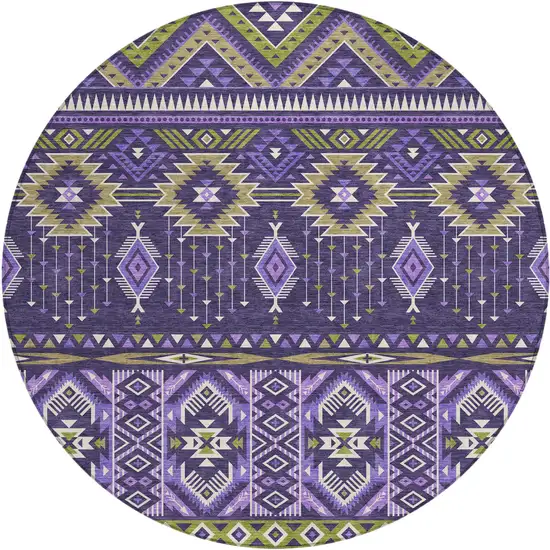 8' Purple Olive Green And Ivory Round Aztec Washable Indoor Outdoor Area Rug Photo 1