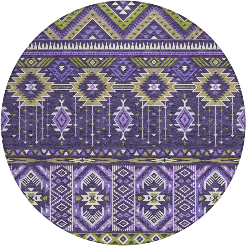 8' Purple Olive Green And Ivory Round Aztec Washable Indoor Outdoor Area Rug Photo 1