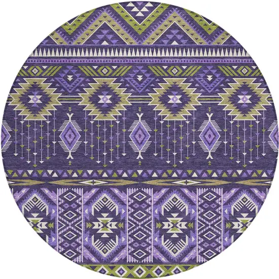 8' Purple Olive Green And Ivory Round Aztec Washable Indoor Outdoor Area Rug Photo 3