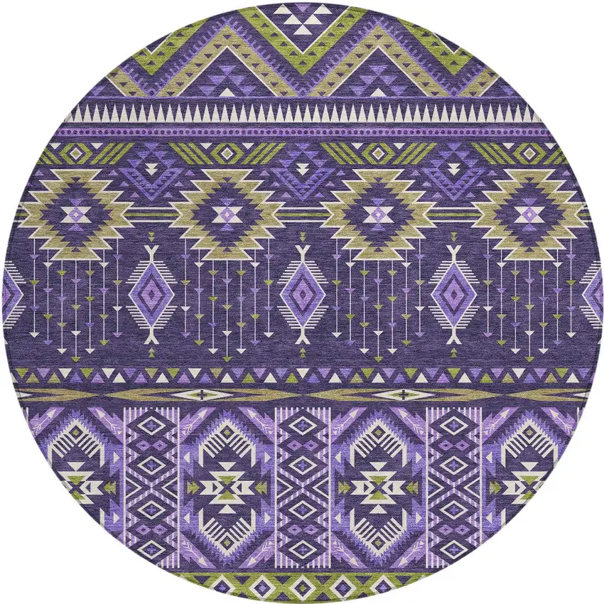 8' Purple Olive Green And Ivory Round Aztec Washable Indoor Outdoor Area Rug Photo 3
