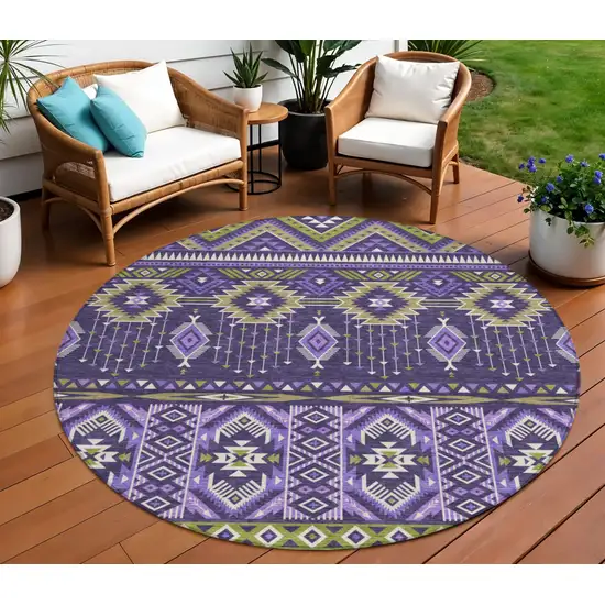 8' Purple Olive Green And Ivory Round Aztec Washable Indoor Outdoor Area Rug Photo 2
