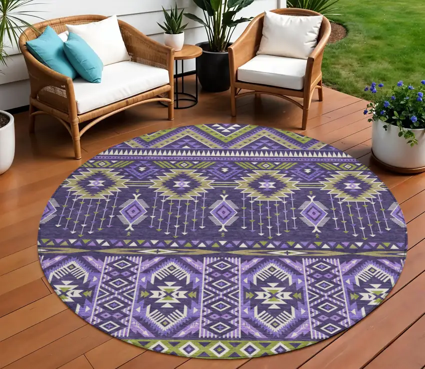 8' Purple Olive Green And Ivory Round Aztec Washable Indoor Outdoor Area Rug Photo 2