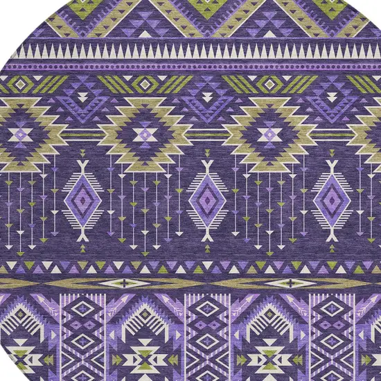 8' Purple Olive Green And Ivory Round Aztec Washable Indoor Outdoor Area Rug Photo 8