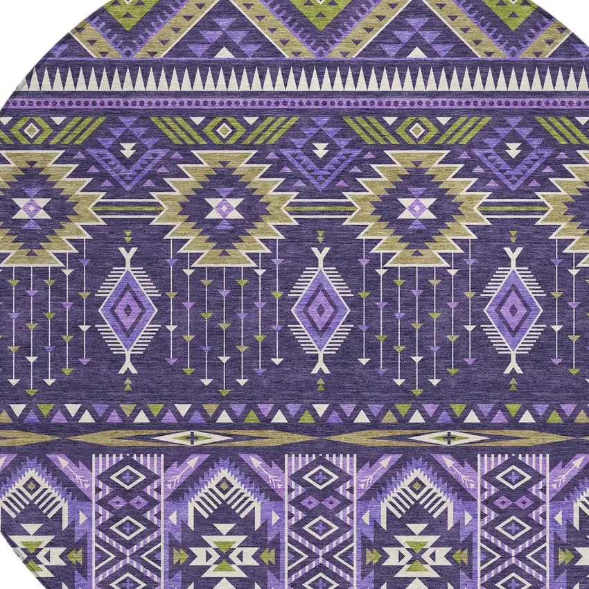 8' Purple Olive Green And Ivory Round Aztec Washable Indoor Outdoor Area Rug Photo 8