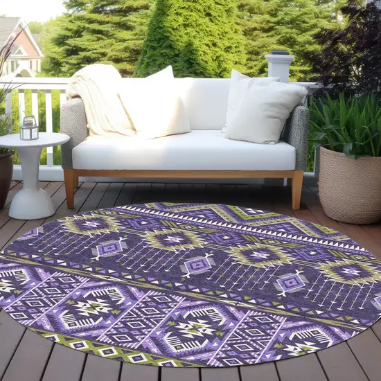 8' Purple Olive Green And Ivory Round Aztec Washable Indoor Outdoor Area Rug Photo 5