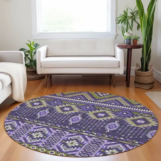 8' Purple Olive Green And Ivory Round Aztec Washable Indoor Outdoor Area Rug Photo 6