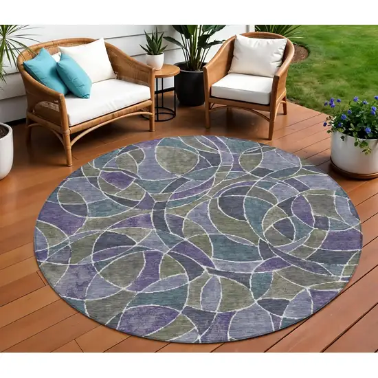 8' Purple Olive Green And Plum Round Geometric Washable Indoor Outdoor Area Rug Photo 2