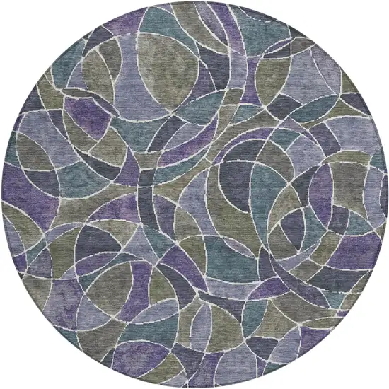 8' Purple Olive Green And Plum Round Geometric Washable Indoor Outdoor Area Rug Photo 1