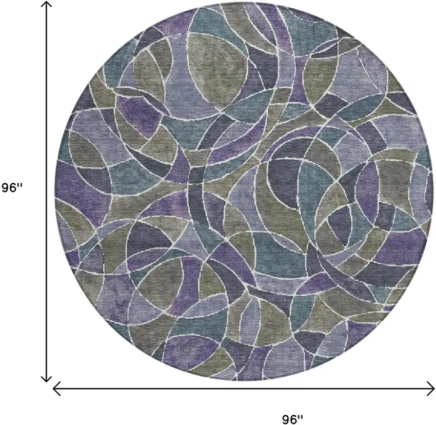 8' Purple Olive Green And Plum Round Geometric Washable Indoor Outdoor Area Rug Photo 9