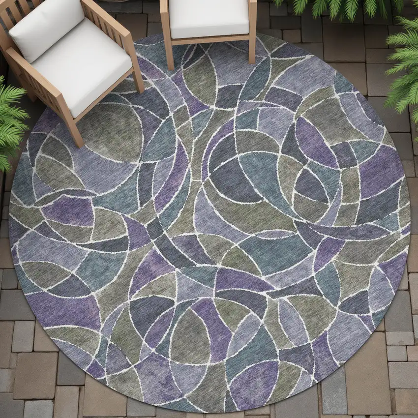8' Purple Olive Green And Plum Round Geometric Washable Indoor Outdoor Area Rug Photo 7