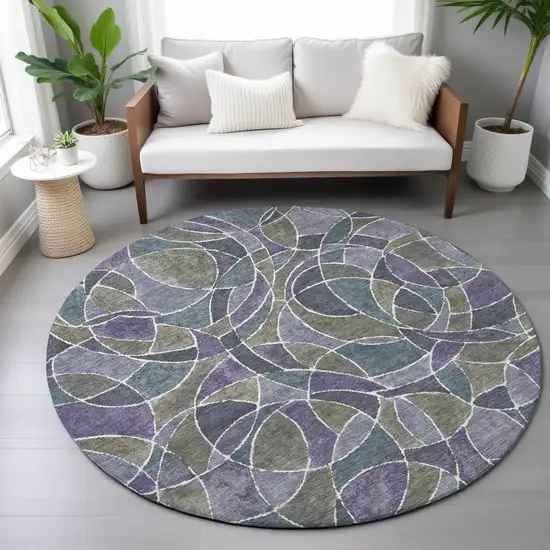 8' Purple Olive Green And Plum Round Geometric Washable Indoor Outdoor Area Rug Photo 8