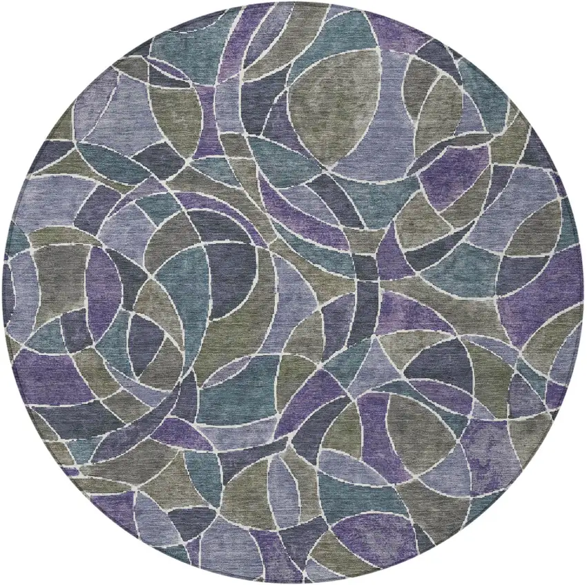 8' Purple Olive Green And Plum Round Geometric Washable Indoor Outdoor Area Rug Photo 4