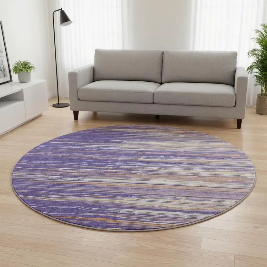 8' Purple Orange And Ivory Striped Washable Round Rug With UV Protection Photo 2