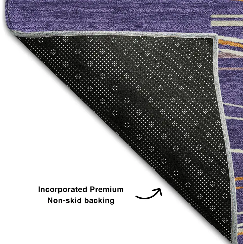 8' Purple Orange And Ivory Striped Washable Round Rug With UV Protection Photo 5