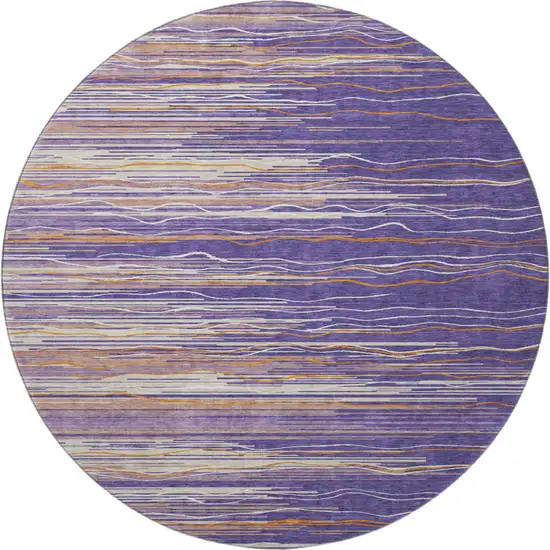 8' Purple Orange And Ivory Striped Washable Round Rug With UV Protection Photo 2