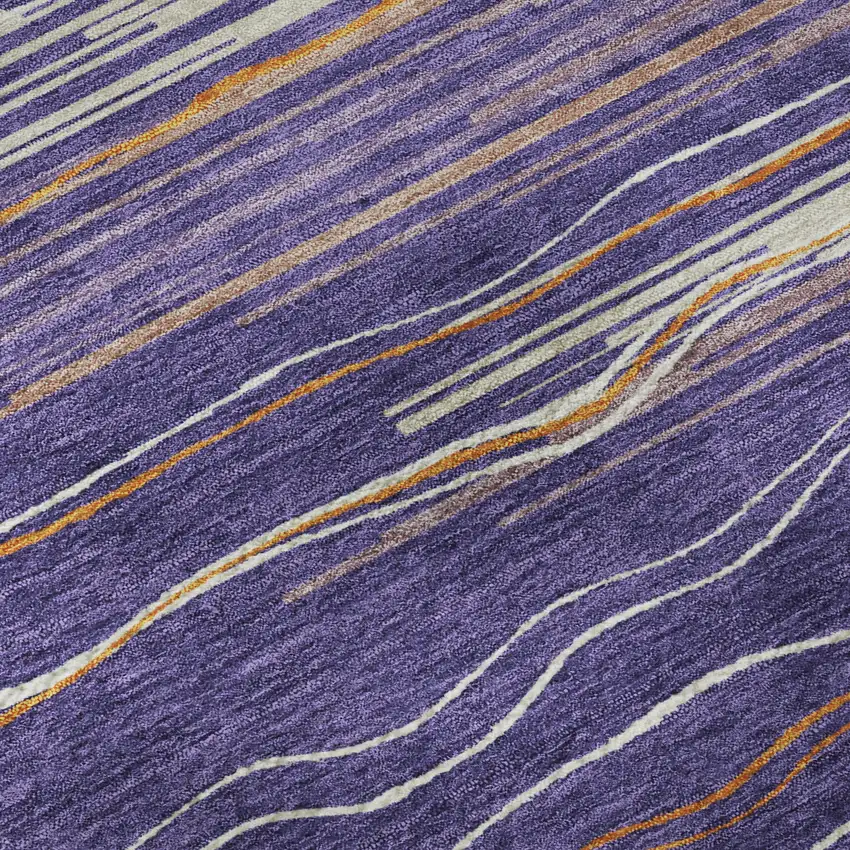 8' Purple Orange And Ivory Striped Washable Round Rug With UV Protection Photo 7