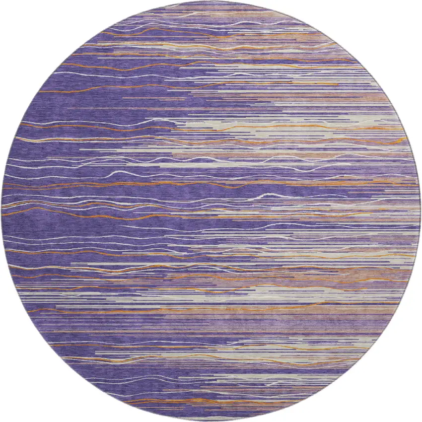 8' Purple Orange And Ivory Striped Washable Round Rug With UV Protection Photo 1