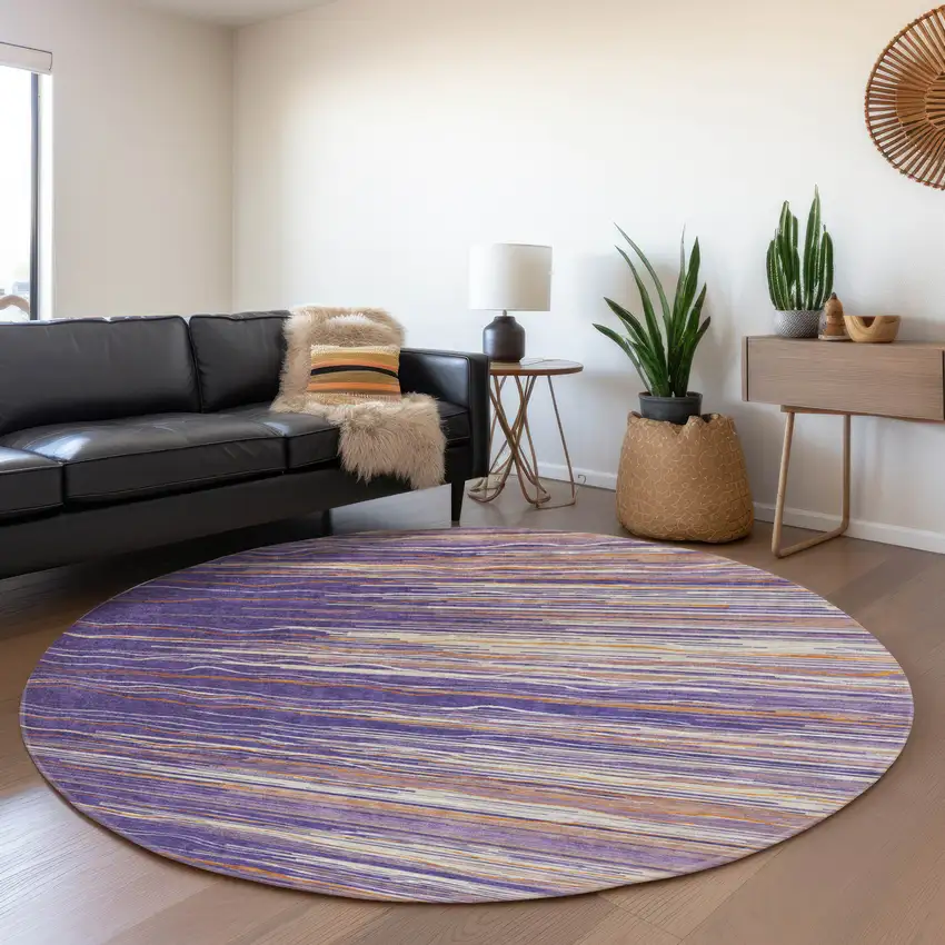 8' Purple Orange And Ivory Striped Washable Round Rug With UV Protection Photo 3