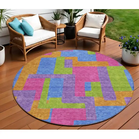 8' Purple Pink And Blue Round Abstract Washable Indoor Outdoor Area Rug Photo 1