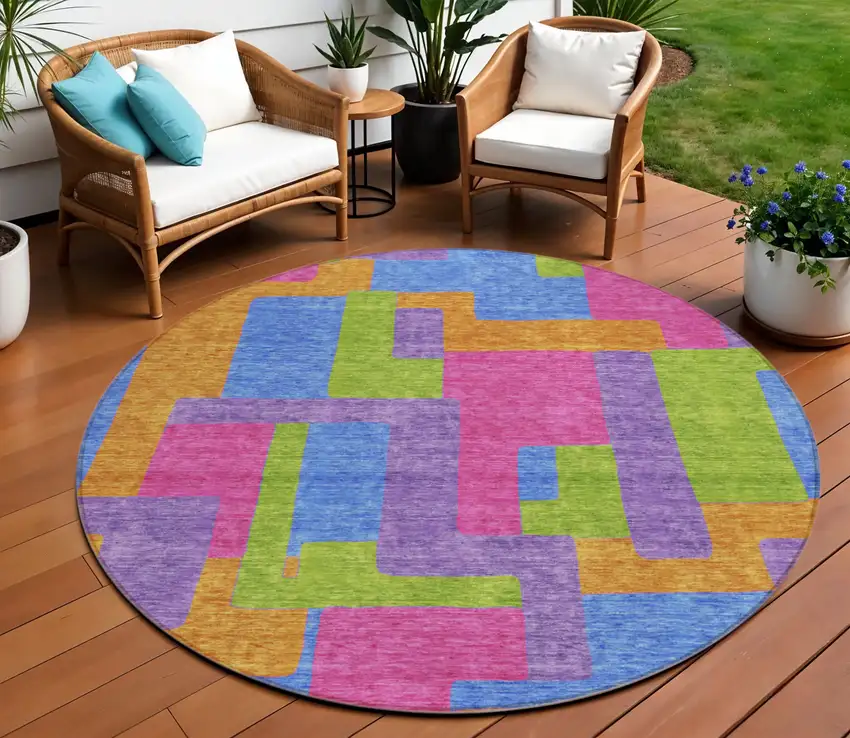 8' Purple Pink And Blue Round Abstract Washable Indoor Outdoor Area Rug Photo 1