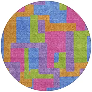 Photo of 8' Purple Pink And Blue Round Abstract Washable Indoor Outdoor Area Rug