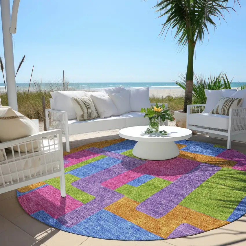 8' Purple Pink And Blue Round Abstract Washable Indoor Outdoor Area Rug Photo 7