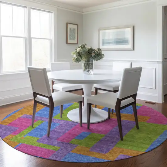 8' Purple Pink And Blue Round Abstract Washable Indoor Outdoor Area Rug Photo 8