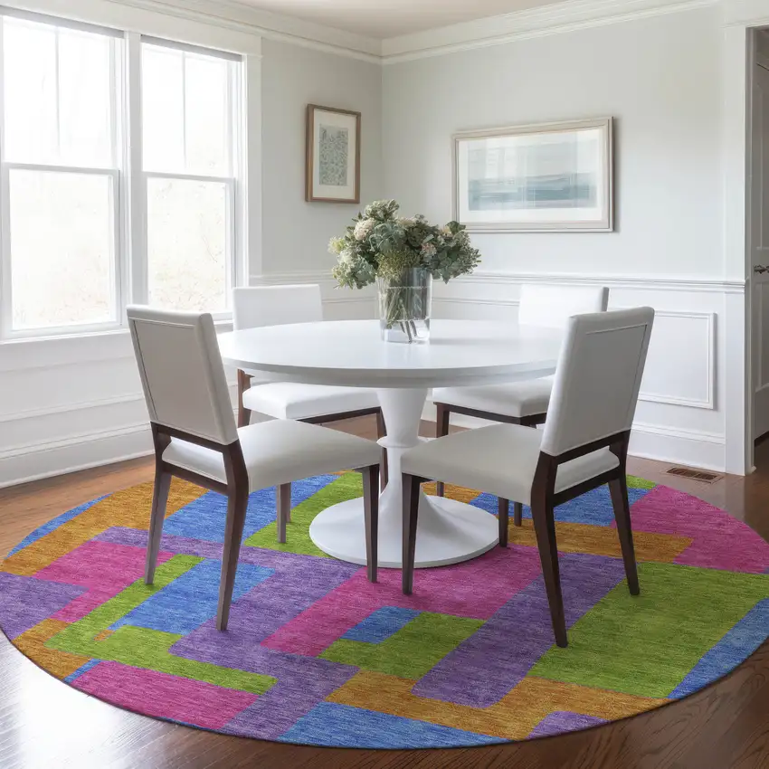 8' Purple Pink And Blue Round Abstract Washable Indoor Outdoor Area Rug Photo 8