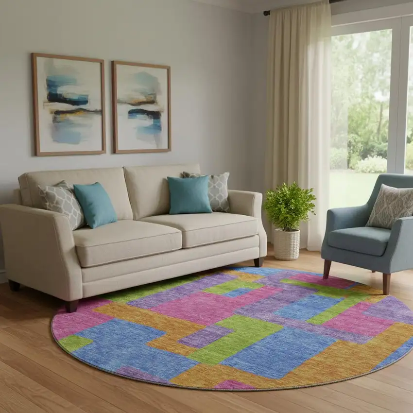 8' Purple Pink And Green Abstract Geometric Washable Round Rug With UV Protection Photo 1